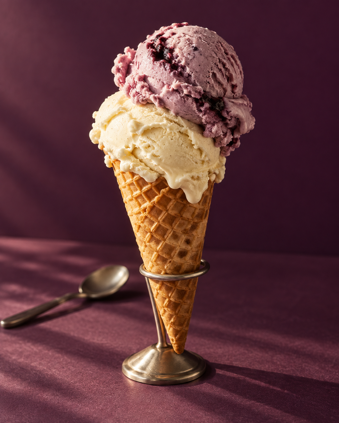 Artisan gelato in a waffle cone against a plum backdrop